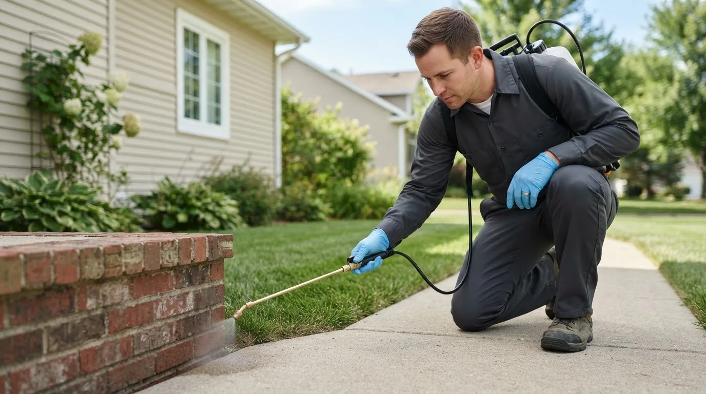 Pest control technician treating a home near Stonefort, IL