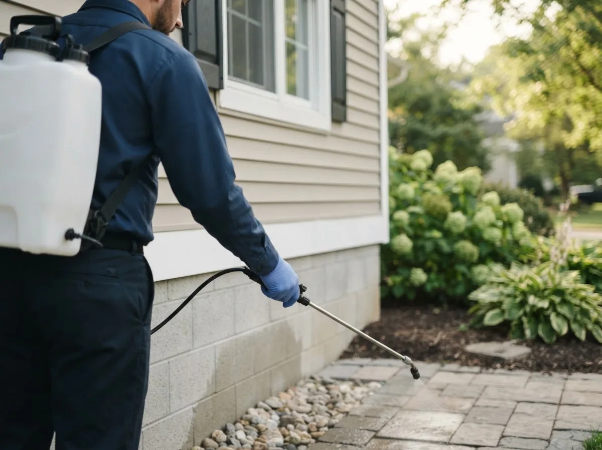 Pest control technician inspecting a home in Stonefort, IL